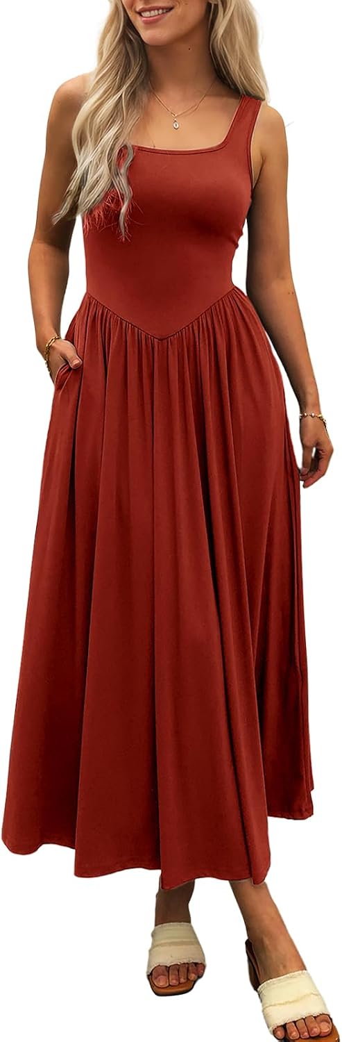 Square-Neck Sleeveless Maxi Sundress with Pockets in Red