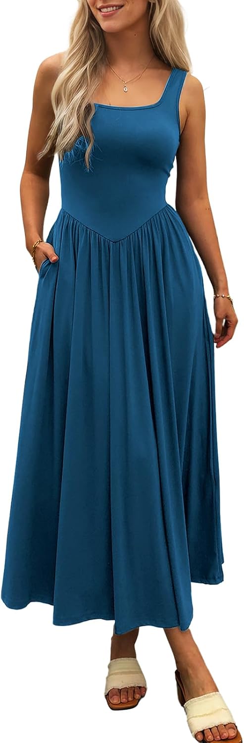 Square-Neck Sleeveless Maxi Sundress with Pockets in Peacock Blue
