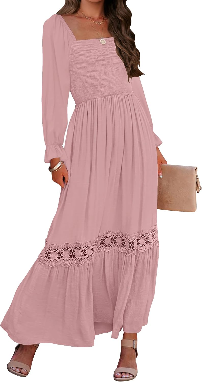 Smocked Square-Neck Long-Sleeve Maxi Dress in Dark Pink