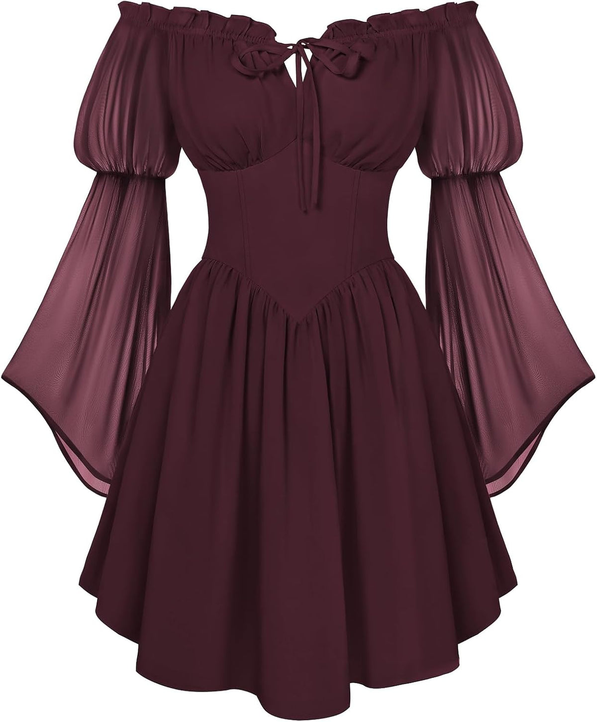 Off-Shoulder Bell-Sleeve Renaissance Dress with Pockets in Burgundy
