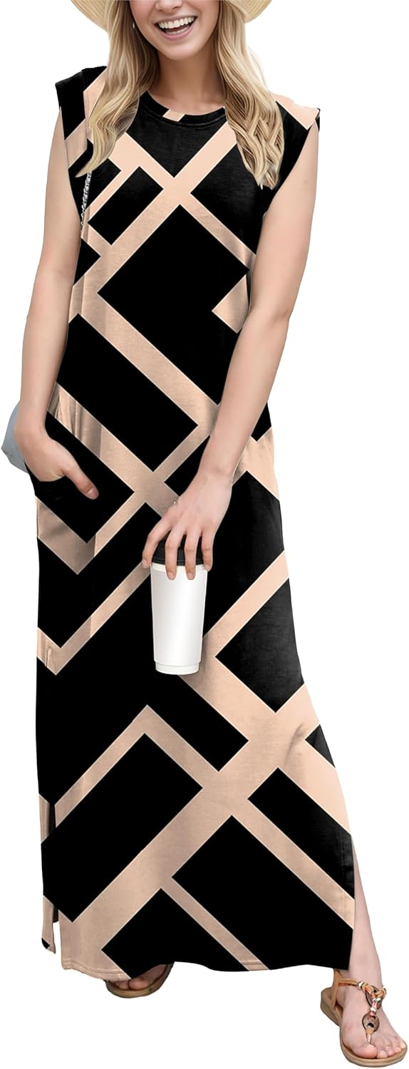 Crew-Neck Loose Maxi Dress with Side Slits and Pockets in Black Rectangle Print
