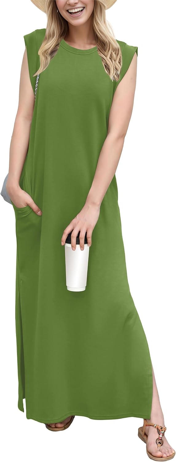 Crew-Neck Loose Maxi Dress with Side Slits and Pockets in Dill Green