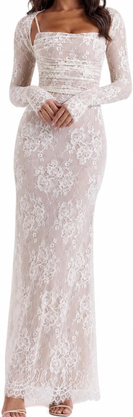 Lace Long-Sleeve Bodycon Maxi Dress in Cream-white