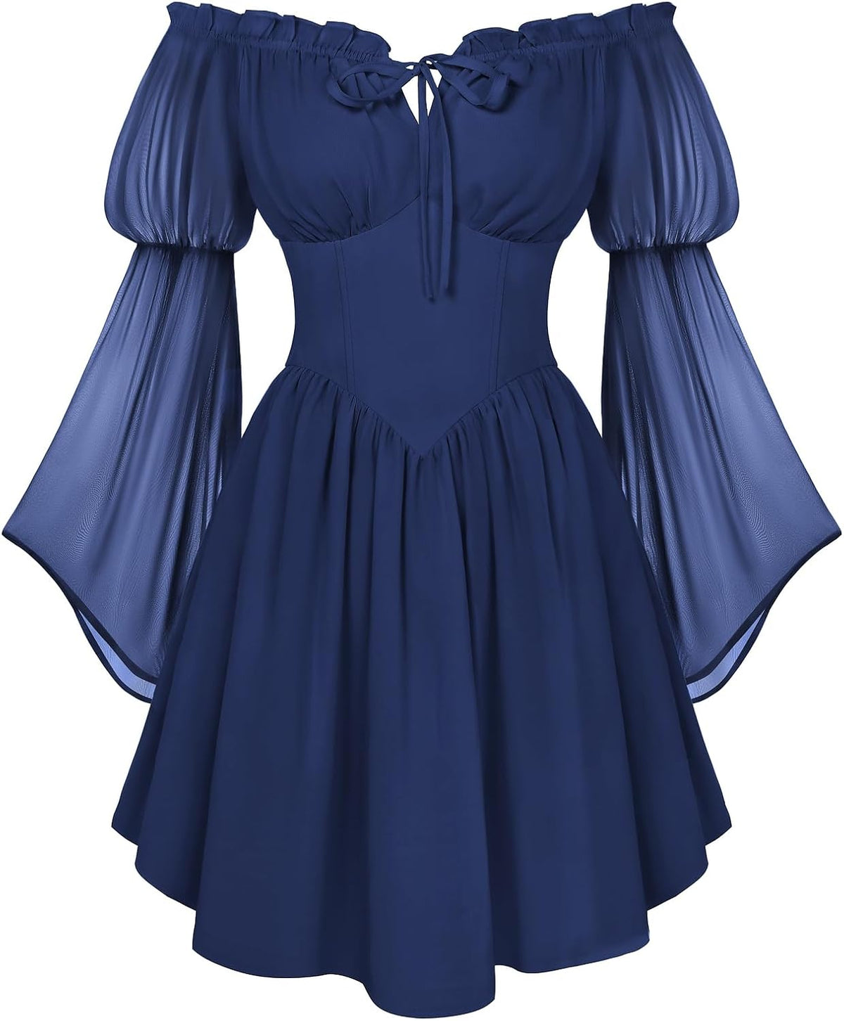 Off-Shoulder Bell-Sleeve Renaissance Dress with Pockets in Navy