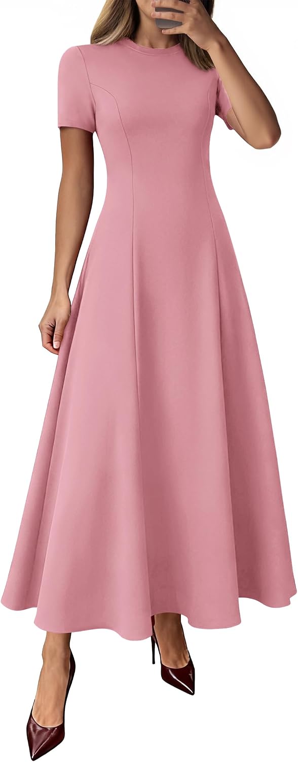 Crew-Neck Pleated Short-Sleeve Maxi Dress in Pink