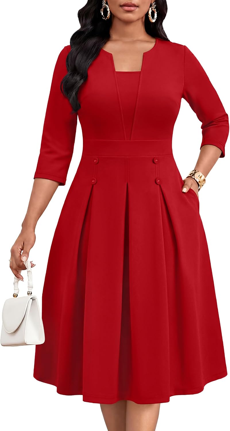 Three-Quarter-Sleeve Fit-and-Flare Midi Dress with Pockets in Red