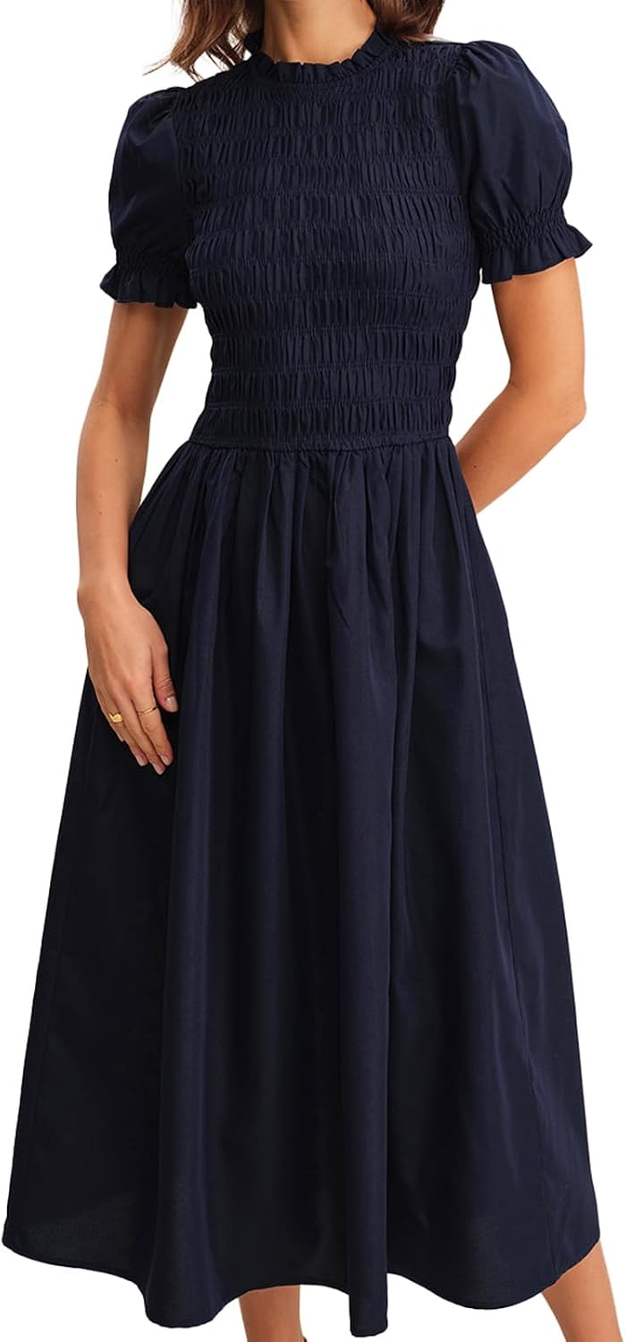 Gingham Puff-Sleeve Smocked Midi Dress in Blue (Long)