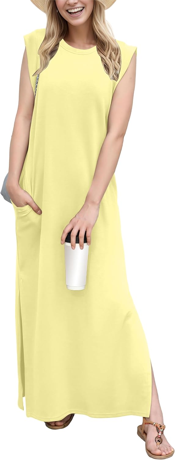Crew-Neck Loose Maxi Dress with Side Slits and Pockets in Butter Yellow