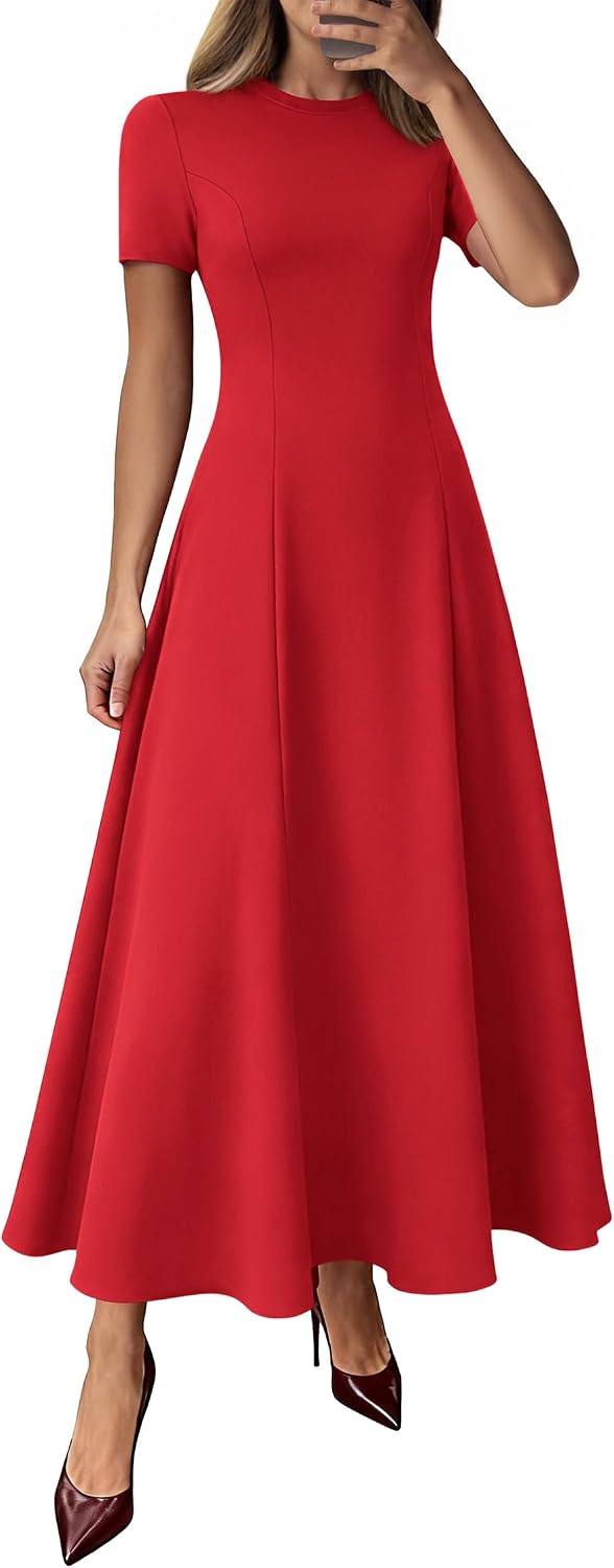 Crew-Neck Pleated Short-Sleeve Maxi Dress in Red