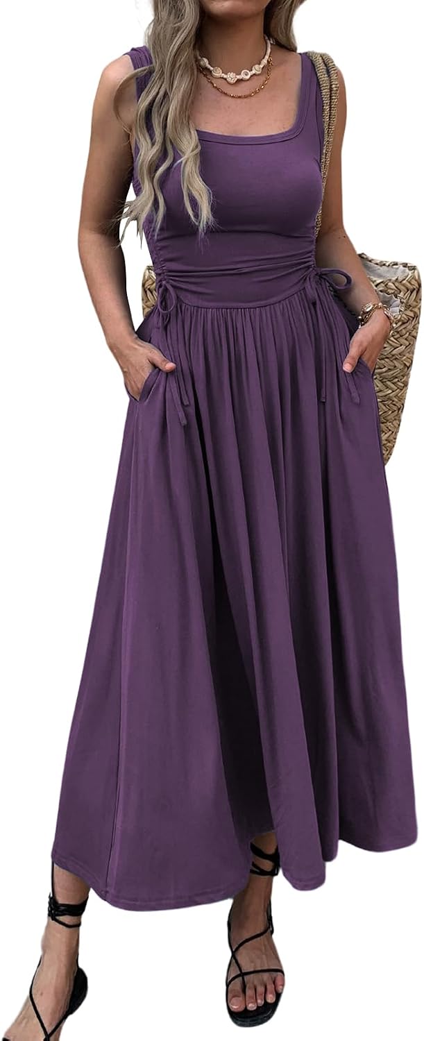 Ruched Adjustable-Waist Sleeveless Maxi Dress with Pockets in Purple