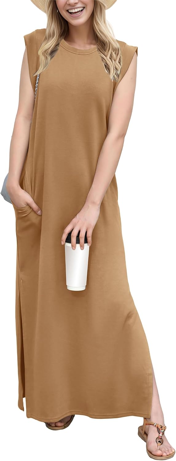 Crew-Neck Loose Maxi Dress with Side Slits and Pockets in Camel