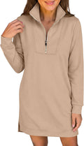 Half-Zip Long-Sleeve Mini Dress with Pockets in Almond