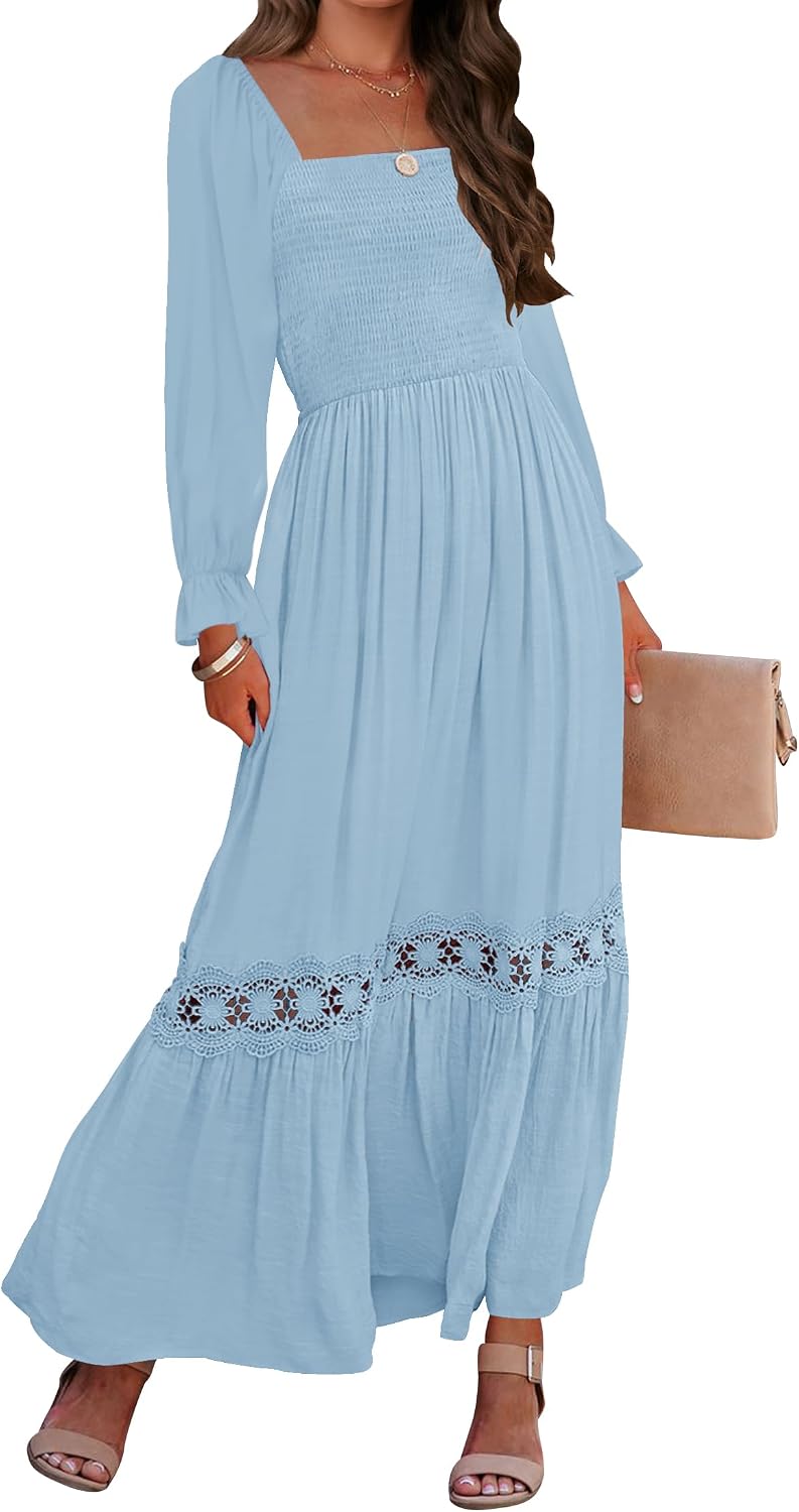 Smocked Square-Neck Long-Sleeve Maxi Dress in Light Blue