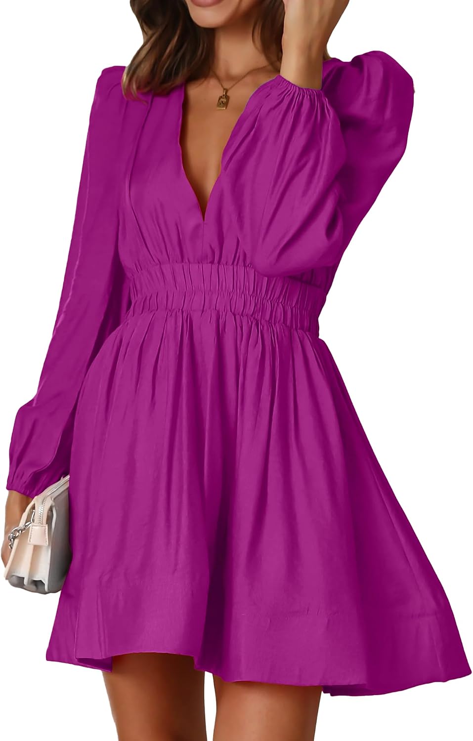 Deep-V Long-Sleeve A-Line Mini Dress in Purple