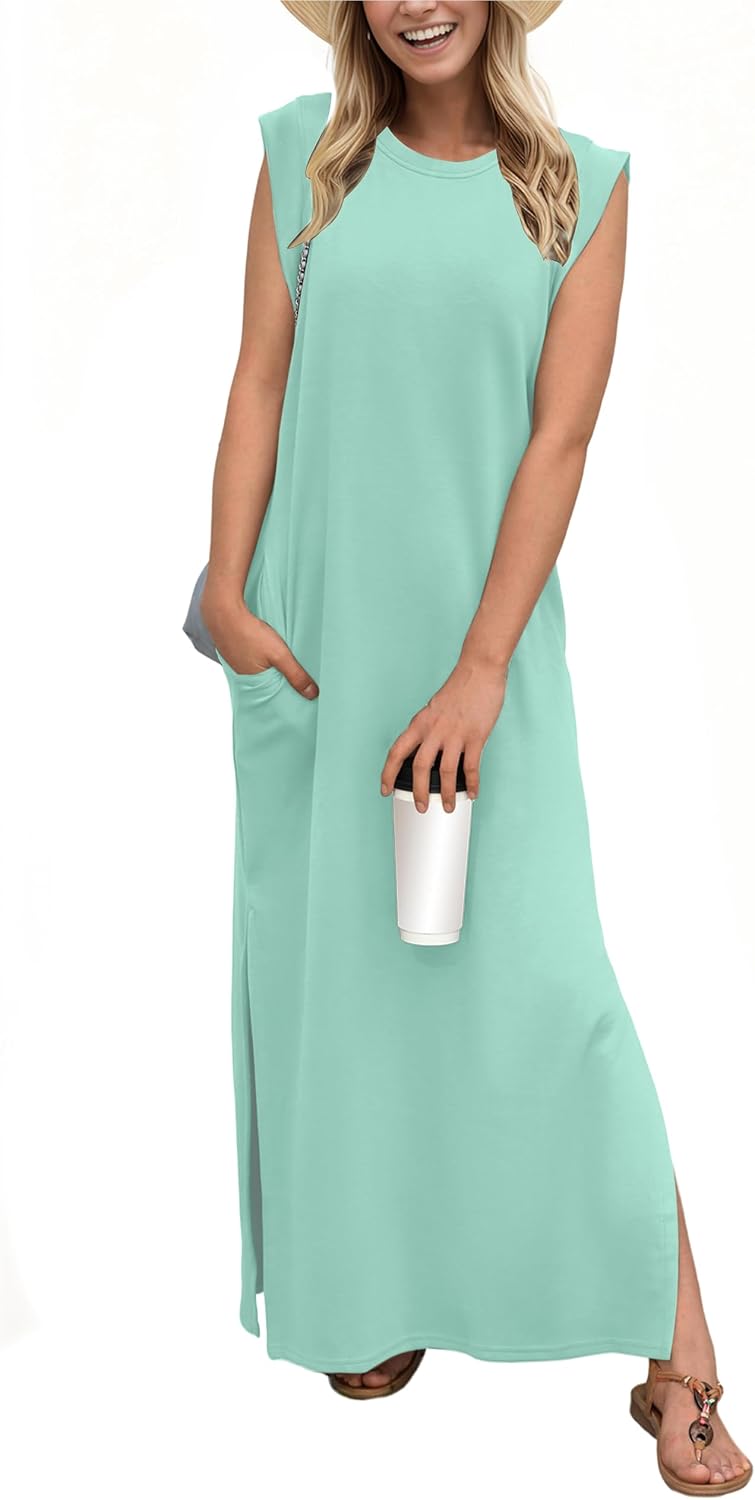 Crew-Neck Loose Maxi Dress with Side Slits and Pockets in Light Blue