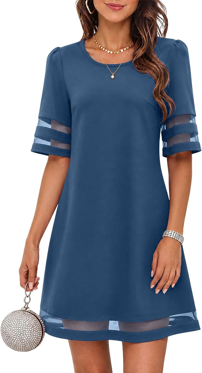 Flowy A-Line Knee-Length Dress with Mesh Trim in Grey Blue
