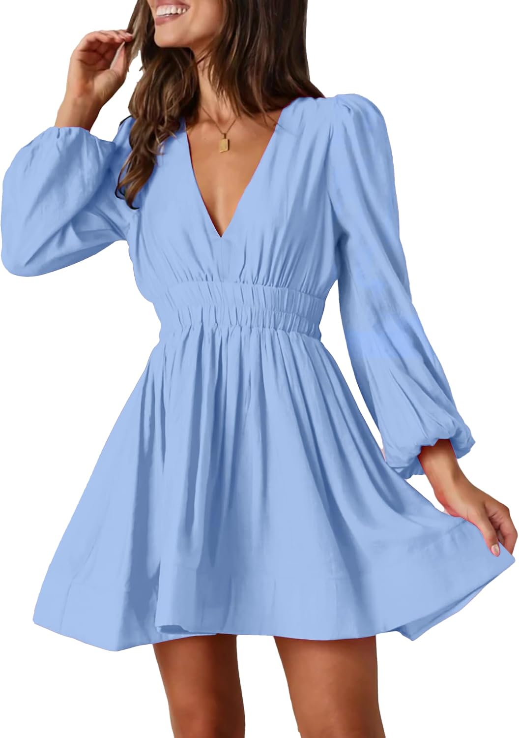 Deep-V Long-Sleeve A-Line Mini Dress in Light Blue