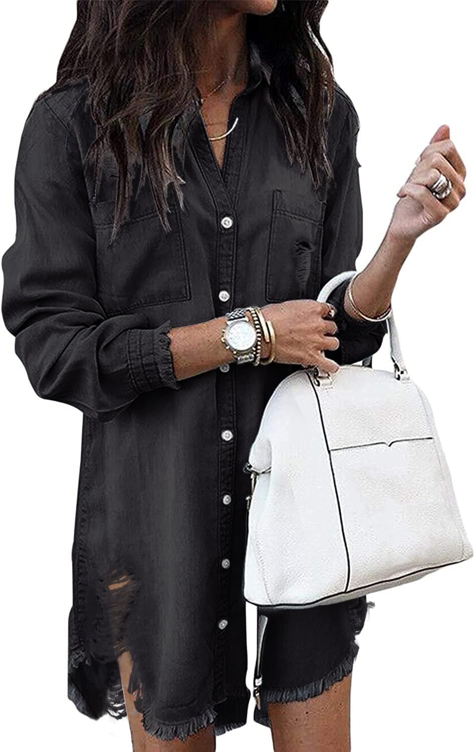Long-Sleeve Button-Down Denim Shirt Dress with Fringe Hem in Ripped Black