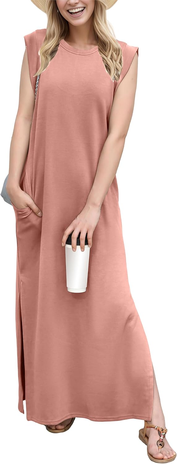 Crew-Neck Loose Maxi Dress with Side Slits and Pockets in Deep Pink