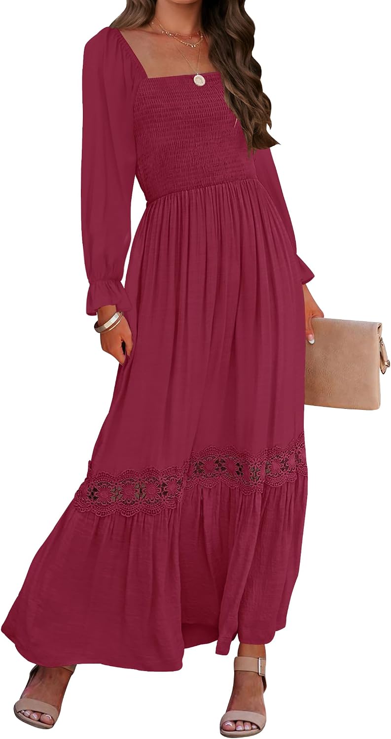 Smocked Square-Neck Long-Sleeve Maxi Dress in Plum