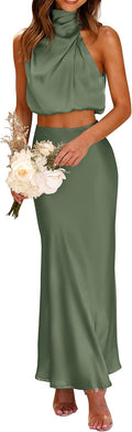 Satin Mock-Neck Crop Top and Maxi Skirt Set in Army Green