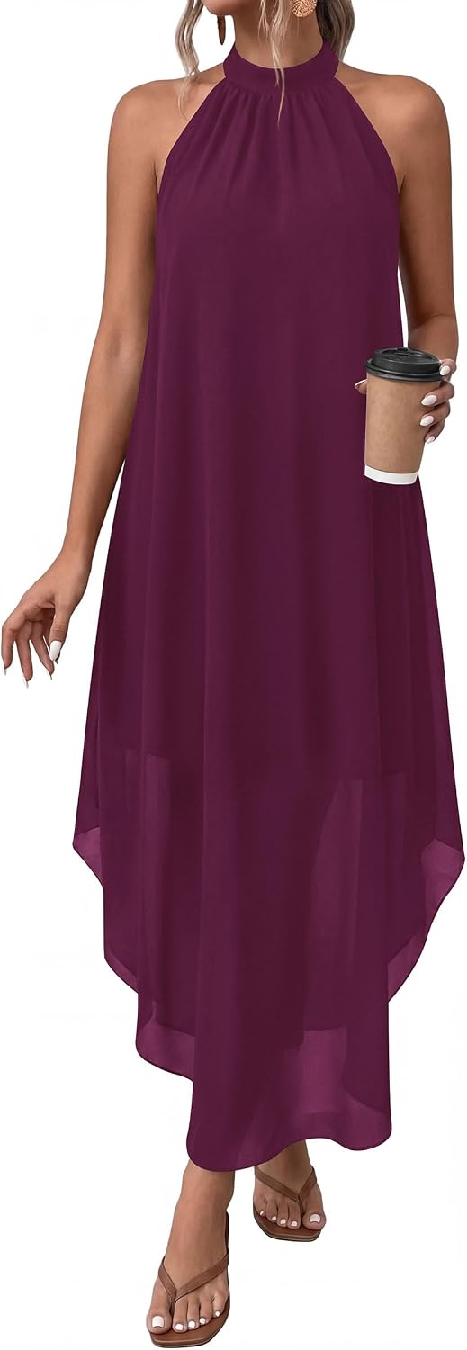 Halter Asymmetric-Hem Flowy Maxi Dress with Pockets in Burgundy