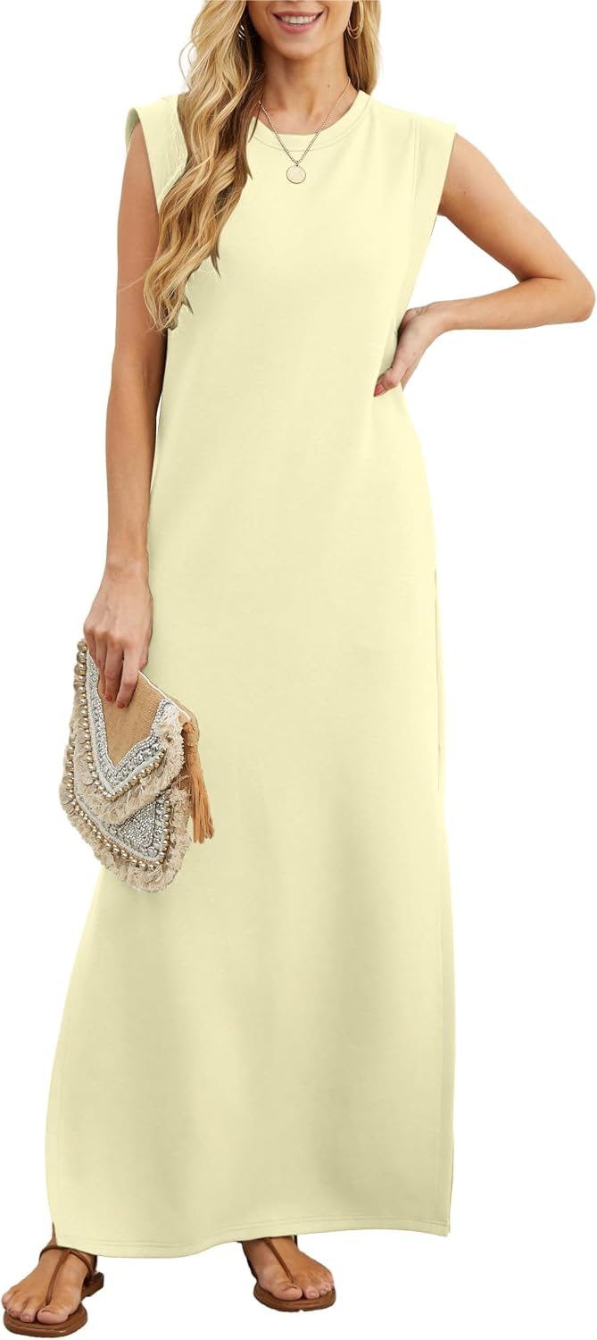 Crew-Neck Loose Maxi Dress with Side Slits and Pockets in Apricot