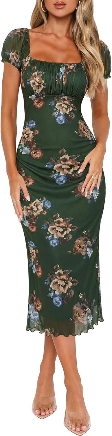 Floral Square-Neck Ruched Mesh Midi Dress in Green Floral