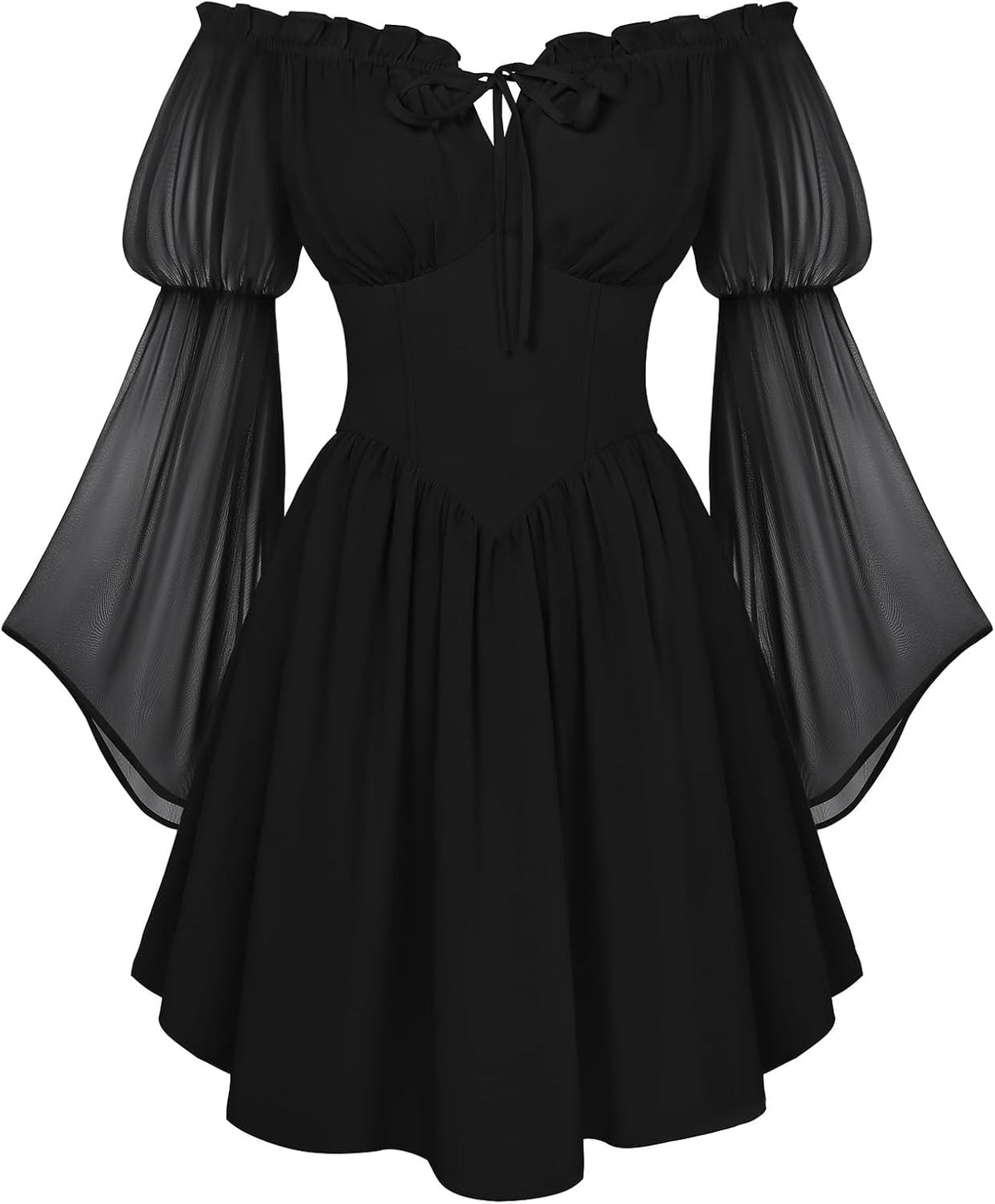 Off-Shoulder Bell-Sleeve Renaissance Dress with Pockets in Black