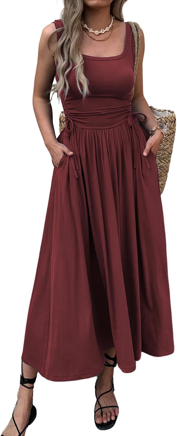 Ruched Adjustable-Waist Sleeveless Maxi Dress with Pockets in Wine Red