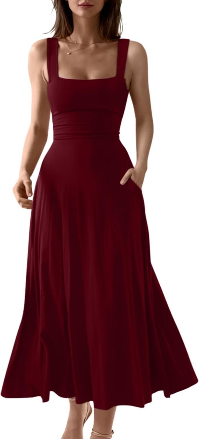 Square-Neck Corset A-Line Maxi Dress with Pockets in Burgundy
