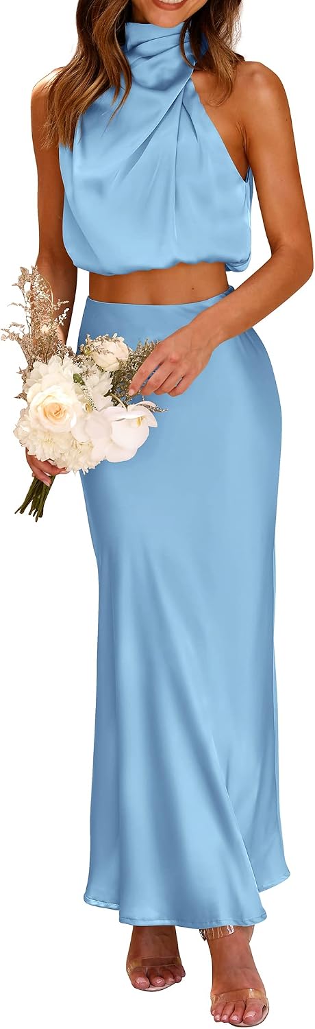 Satin Mock-Neck Crop Top and Maxi Skirt Set in Light Blue