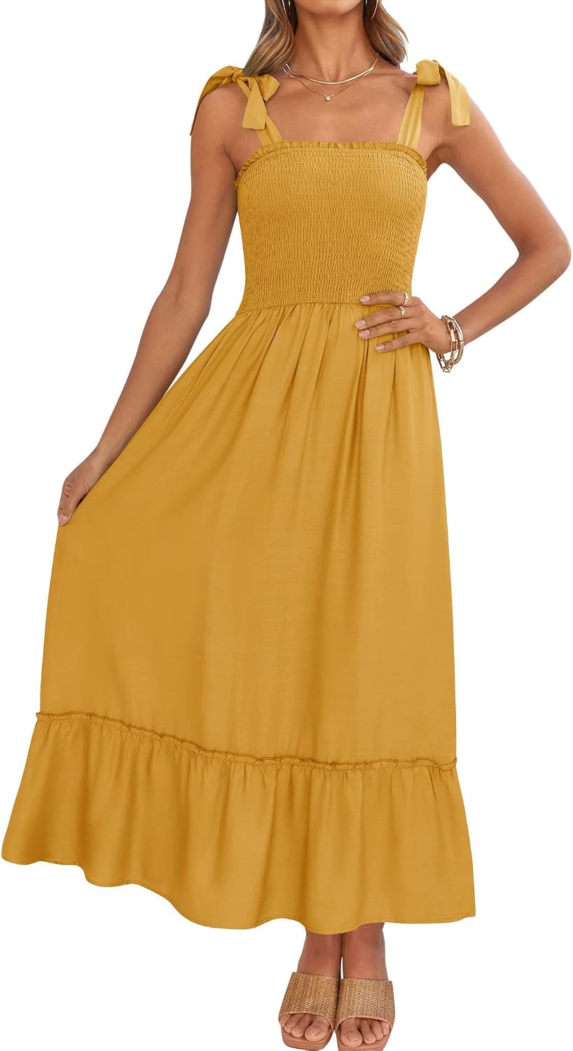 Ruffled Spaghetti-Strap Square-Neck Maxi Dress in Mustard