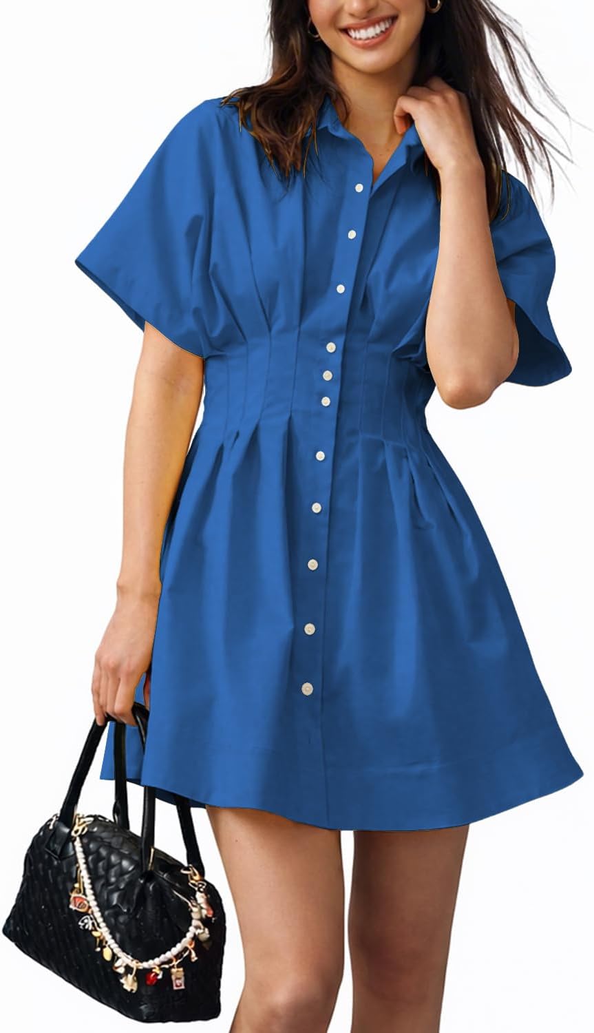 Collared Button-Down Mini Shirt Dress in Blue