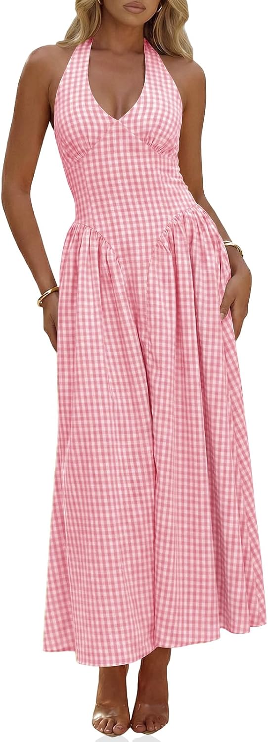 Plaid Halter Corset Maxi Dress with Pockets in Pink