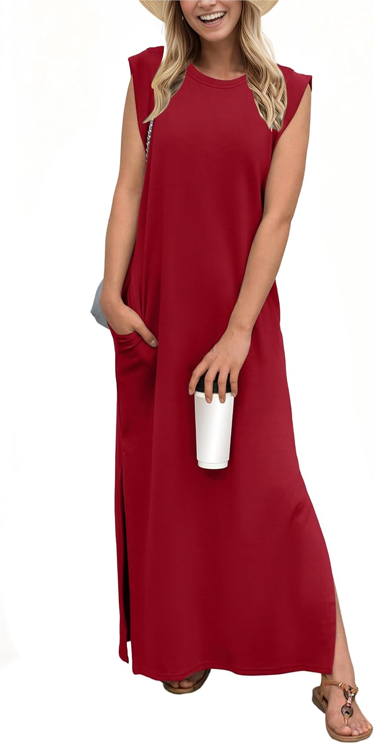Crew-Neck Loose Maxi Dress with Side Slits and Pockets in Wine Red