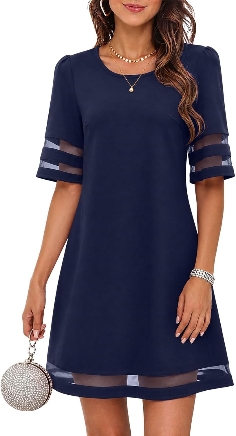 Flowy A-Line Knee-Length Dress with Mesh Trim in Navy