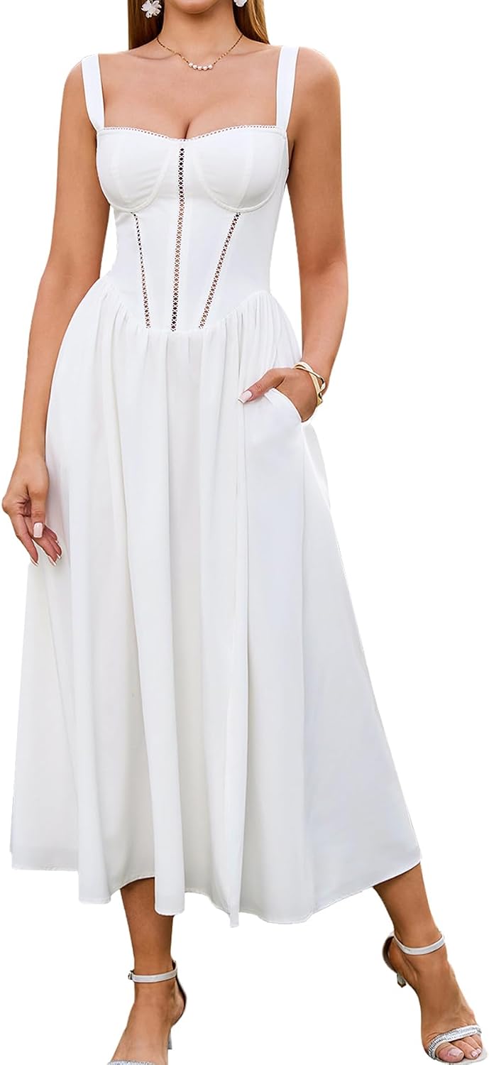 Floral Corset Midi Dress with Slit and Pockets in White
