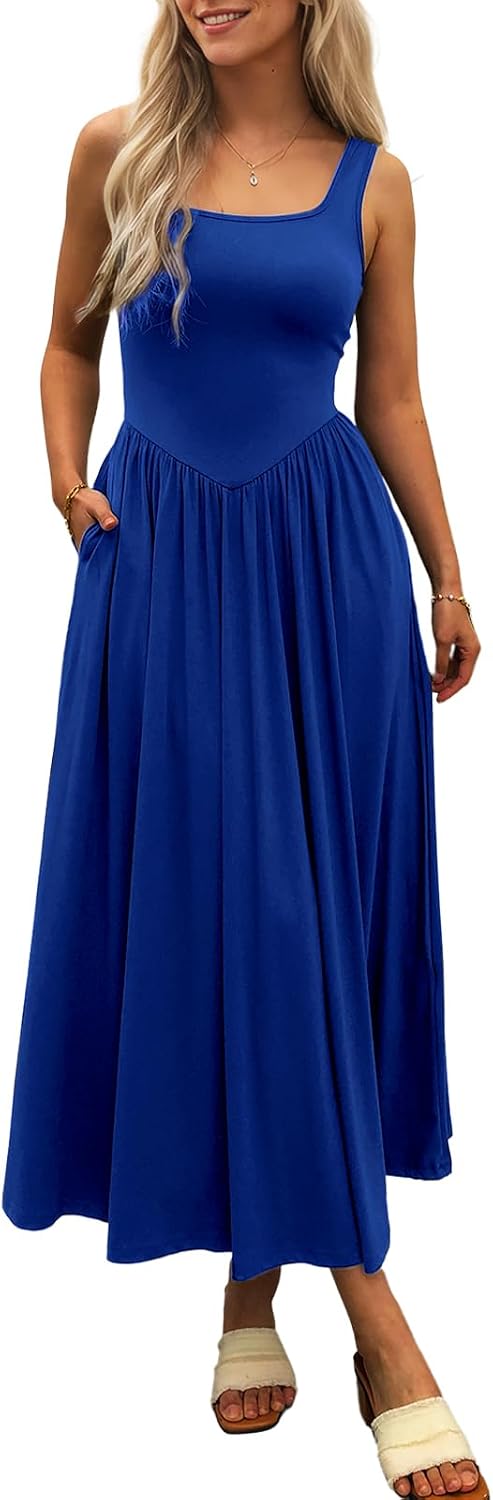 Square-Neck Sleeveless Maxi Sundress with Pockets in Dark Blue