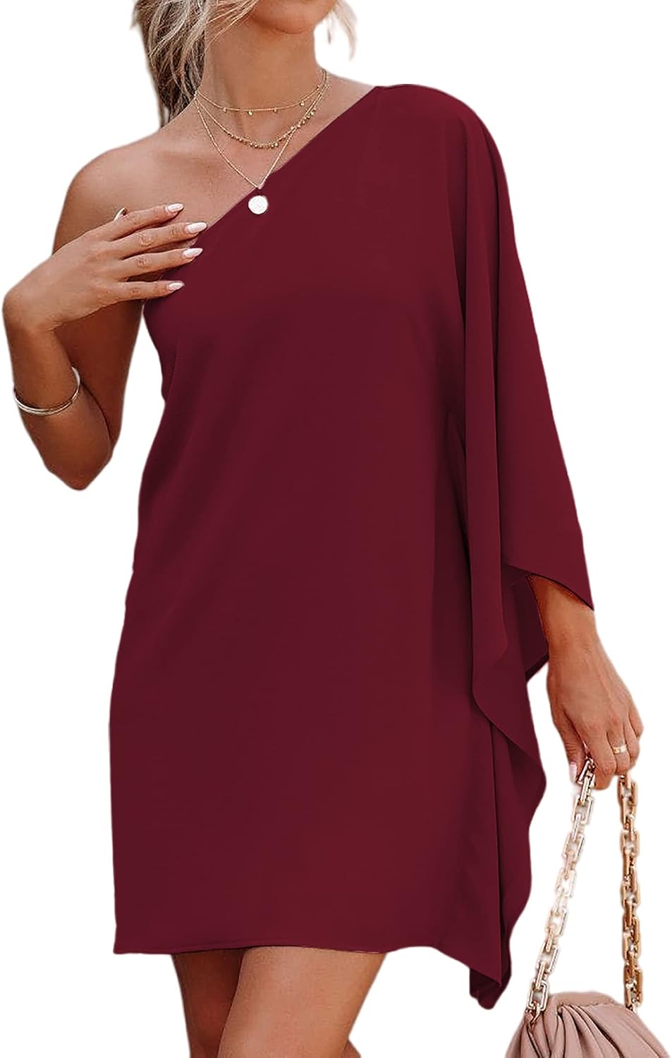 One-Shoulder Batwing-Sleeve Short Cocktail Dress in Wine Red