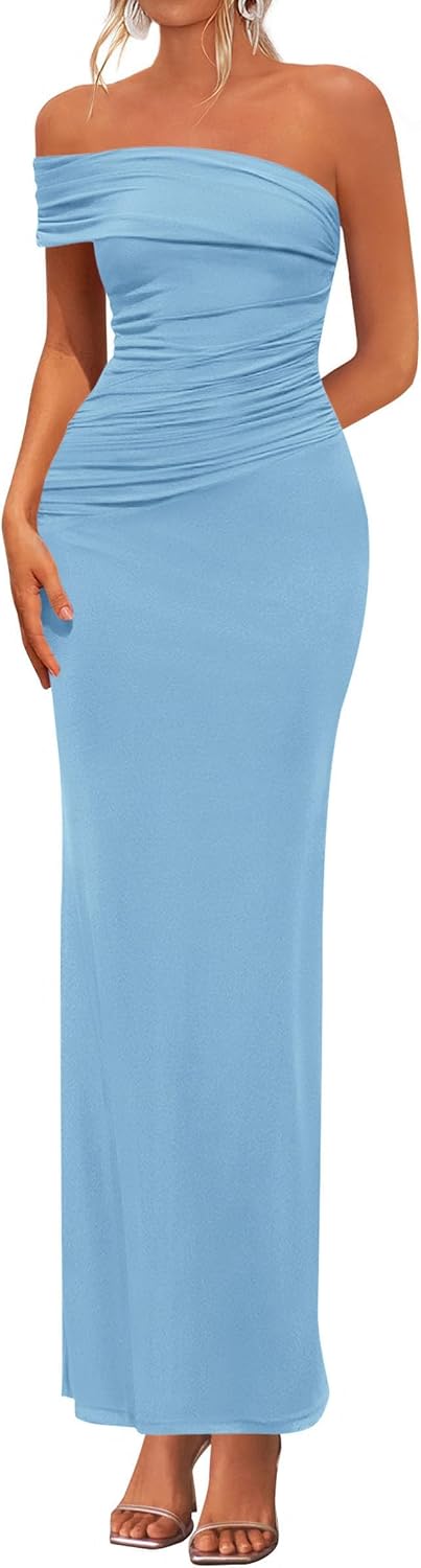 One-Shoulder Ruched Bodycon Maxi Dress in Baby Blue