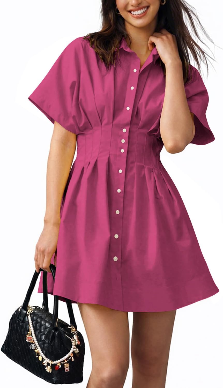 Collared Button-Down Mini Shirt Dress in Magenta