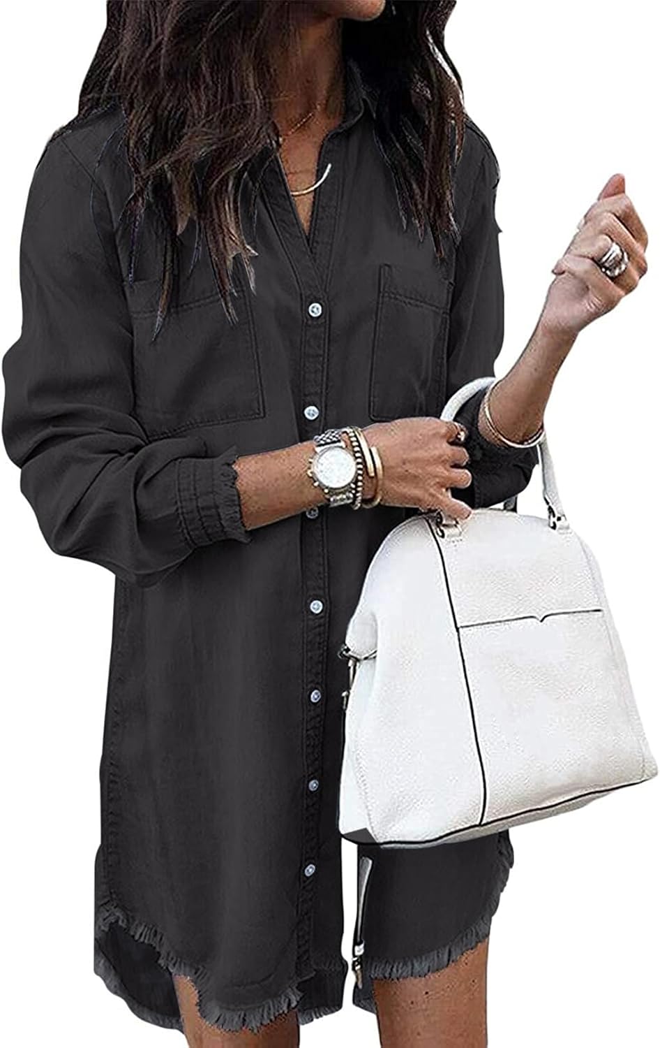 Long-Sleeve Button-Down Denim Shirt Dress with Fringe Hem in Black