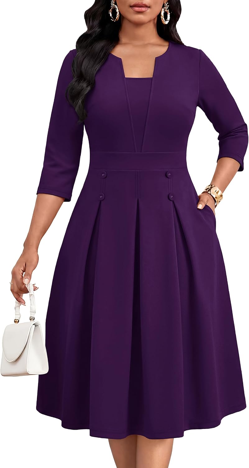 Three-Quarter-Sleeve Fit-and-Flare Midi Dress with Pockets in Purple