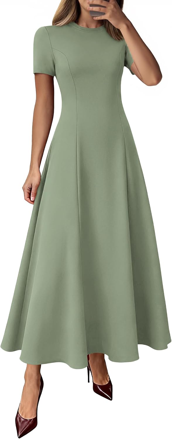 Crew-Neck Pleated Short-Sleeve Maxi Dress in Sage Green