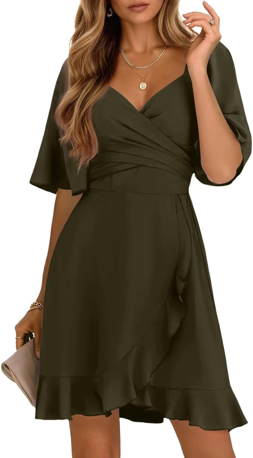 Wrap V-Neck Tiered Mini Dress with Flared Sleeves in Moss Green