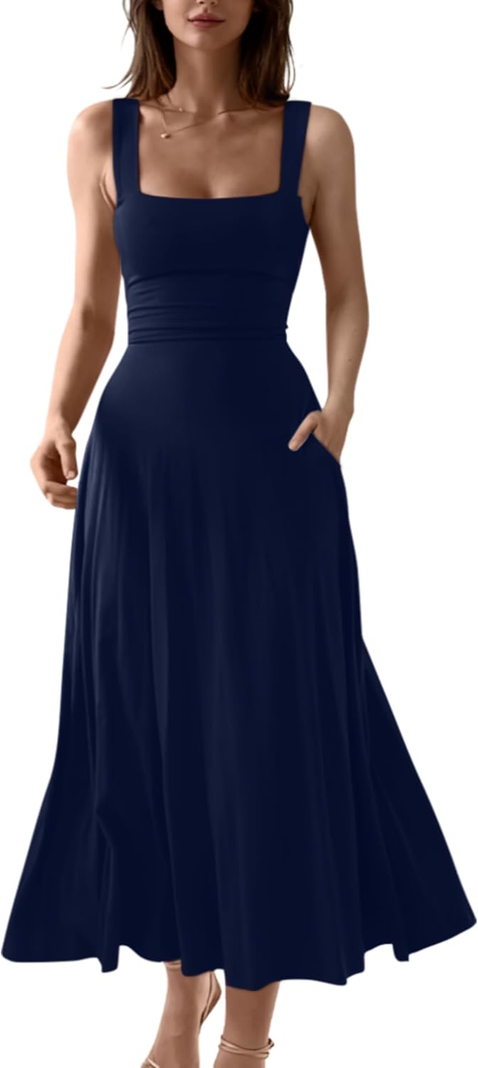 Square-Neck Corset A-Line Maxi Dress with Pockets in Navy