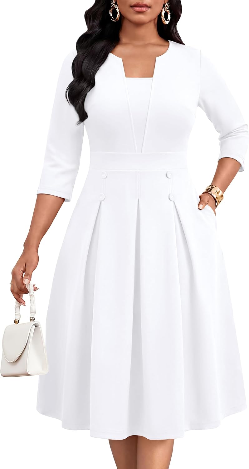 Three-Quarter-Sleeve Fit-and-Flare Midi Dress with Pockets in White
