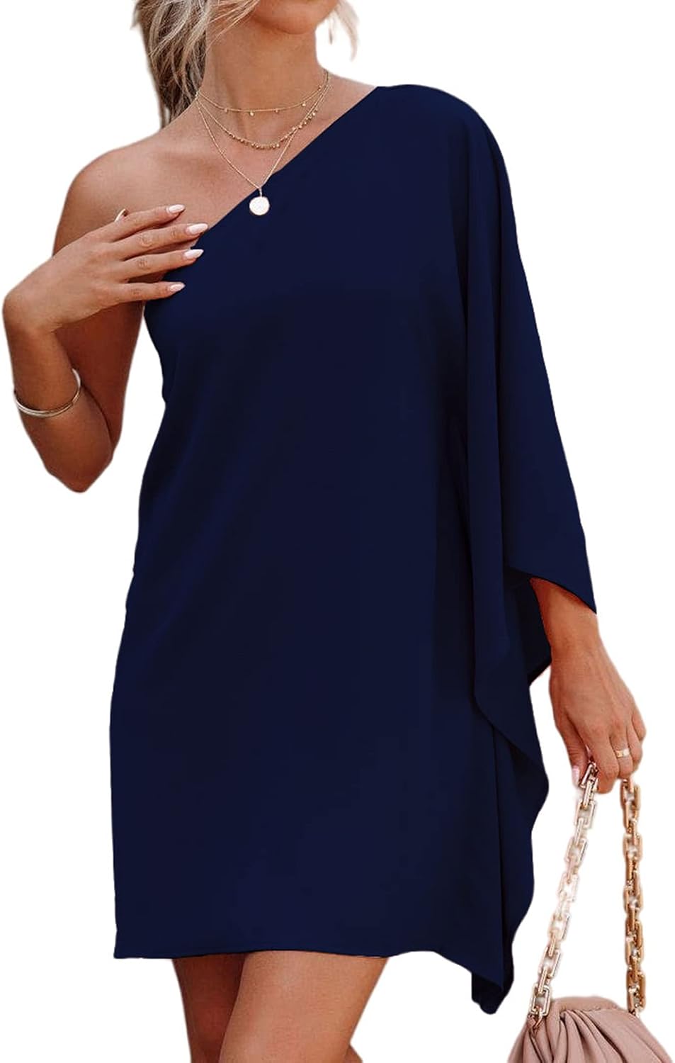 One-Shoulder Batwing-Sleeve Short Cocktail Dress in Navy Blue
