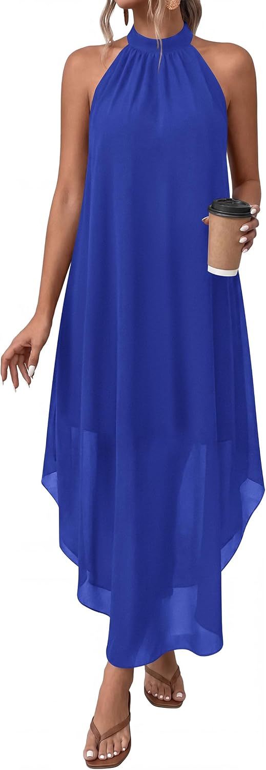 Halter Asymmetric-Hem Flowy Maxi Dress with Pockets in Blue